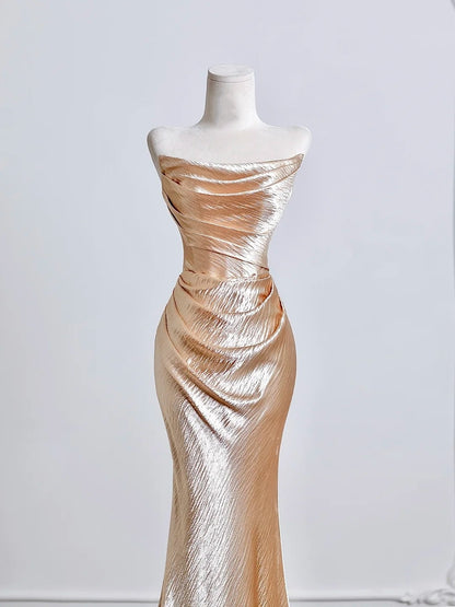 Graceful Champagne Shimmering Mermaid Maxi Dress Vogue Draped Strapless Prom Dress AP2225