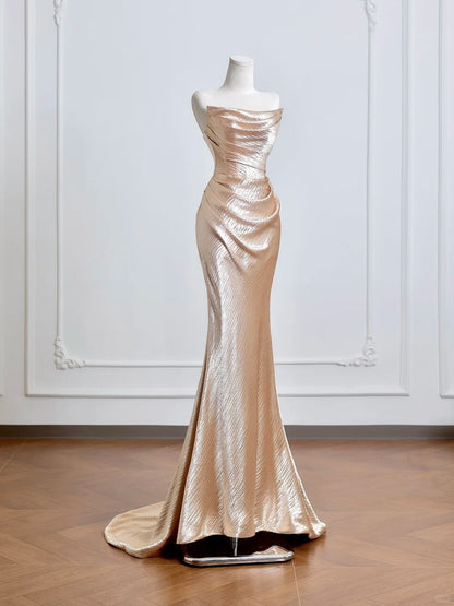 Graceful Champagne Shimmering Mermaid Maxi Dress Vogue Draped Strapless Prom Dress AP2225