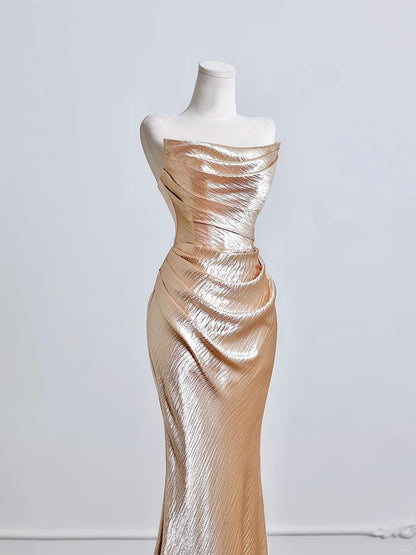 Graceful Champagne Shimmering Mermaid Maxi Dress Vogue Draped Strapless Prom Dress AP2225