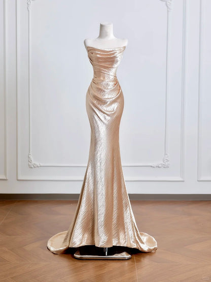 Graceful Champagne Shimmering Mermaid Maxi Dress Vogue Draped Strapless Prom Dress AP2225