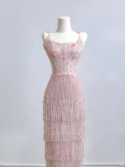 Charming Textured Floral Accent Beading Tassel Evening Maxi Dress Chic Spaghetti Strap Sheath Prom Dress AP2226