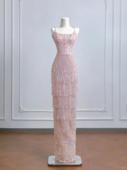 Charming Textured Floral Accent Beading Tassel Evening Maxi Dress Chic Spaghetti Strap Sheath Prom Dress AP2226