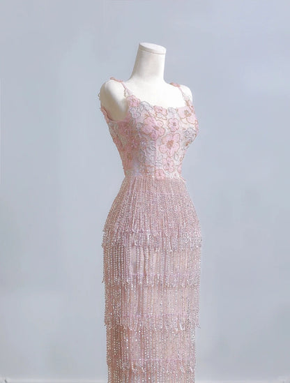 Charming Textured Floral Accent Beading Tassel Evening Maxi Dress Chic Spaghetti Strap Sheath Prom Dress AP2226