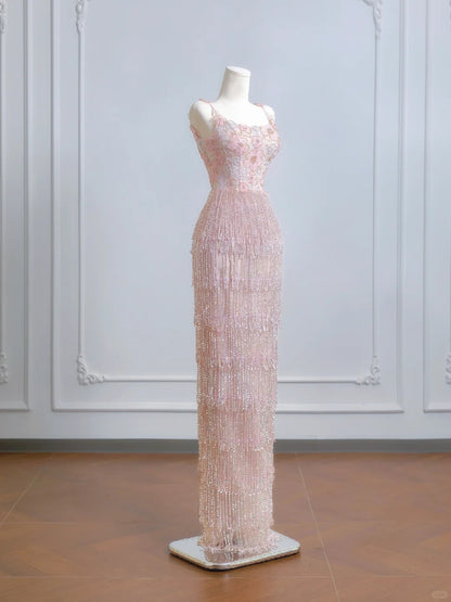 Charming Textured Floral Accent Beading Tassel Evening Maxi Dress Chic Spaghetti Strap Sheath Prom Dress AP2226
