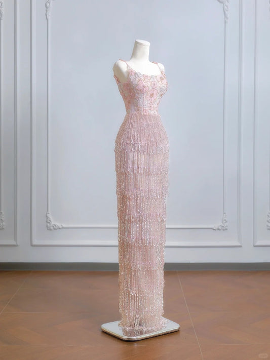 Charming Textured Floral Accent Beading Tassel Evening Maxi Dress Chic Spaghetti Strap Sheath Prom Dress AP2226