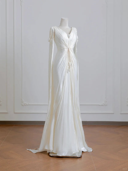 French Style Deep V-Neck Artistic Twisted Bodice Maxi Dress Vogue Elegant Flowing Sleeves 3D Flowers Accent Prom Dress AP2227