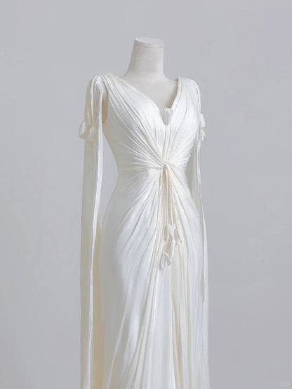 French Style Deep V-Neck Artistic Twisted Bodice Maxi Dress Vogue Elegant Flowing Sleeves 3D Flowers Accent Prom Dress AP2227