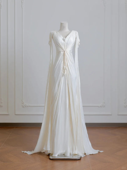 French Style Deep V-Neck Artistic Twisted Bodice Maxi Dress Vogue Elegant Flowing Sleeves 3D Flowers Accent Prom Dress AP2227