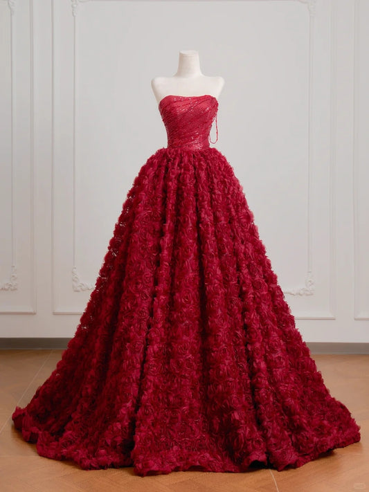 Luxurious Red Rose Accent Strapless Maxi Dress Charming Beading Shimmering Bodice A-Line Prom Dress AP2229