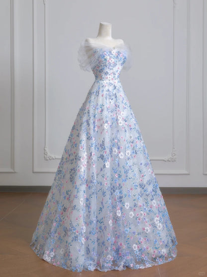 Romantic Textured Applique Beaded Maxi Dress Charming Mesh Off-Shoulder A-Line Prom Dress AP2230