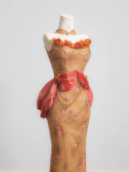 Vintage 3D Floral Accent Strapless Beading Maxi Dress Exquisite Sheath Ruffles Trimmed Prom Dress AP2231