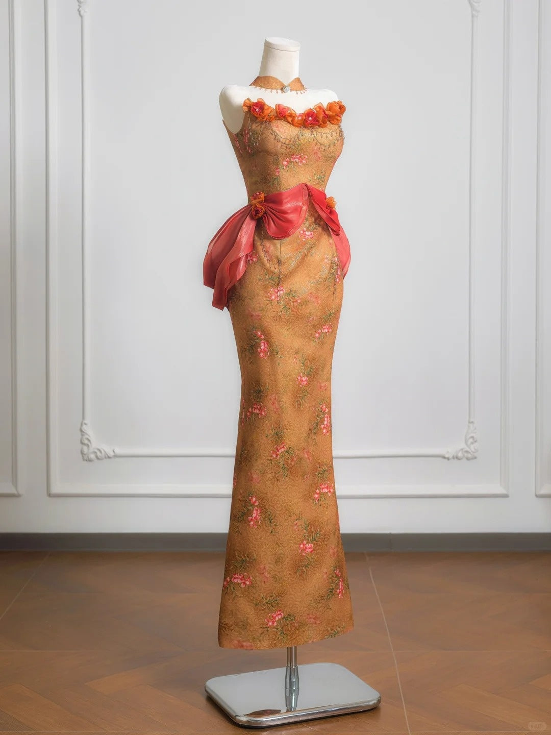 Vintage 3D Floral Accent Strapless Beading Maxi Dress Exquisite Sheath Ruffles Trimmed Prom Dress AP2231