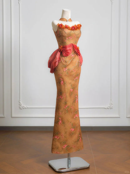 Vintage 3D Floral Accent Strapless Beading Maxi Dress Exquisite Sheath Ruffles Trimmed Prom Dress AP2231