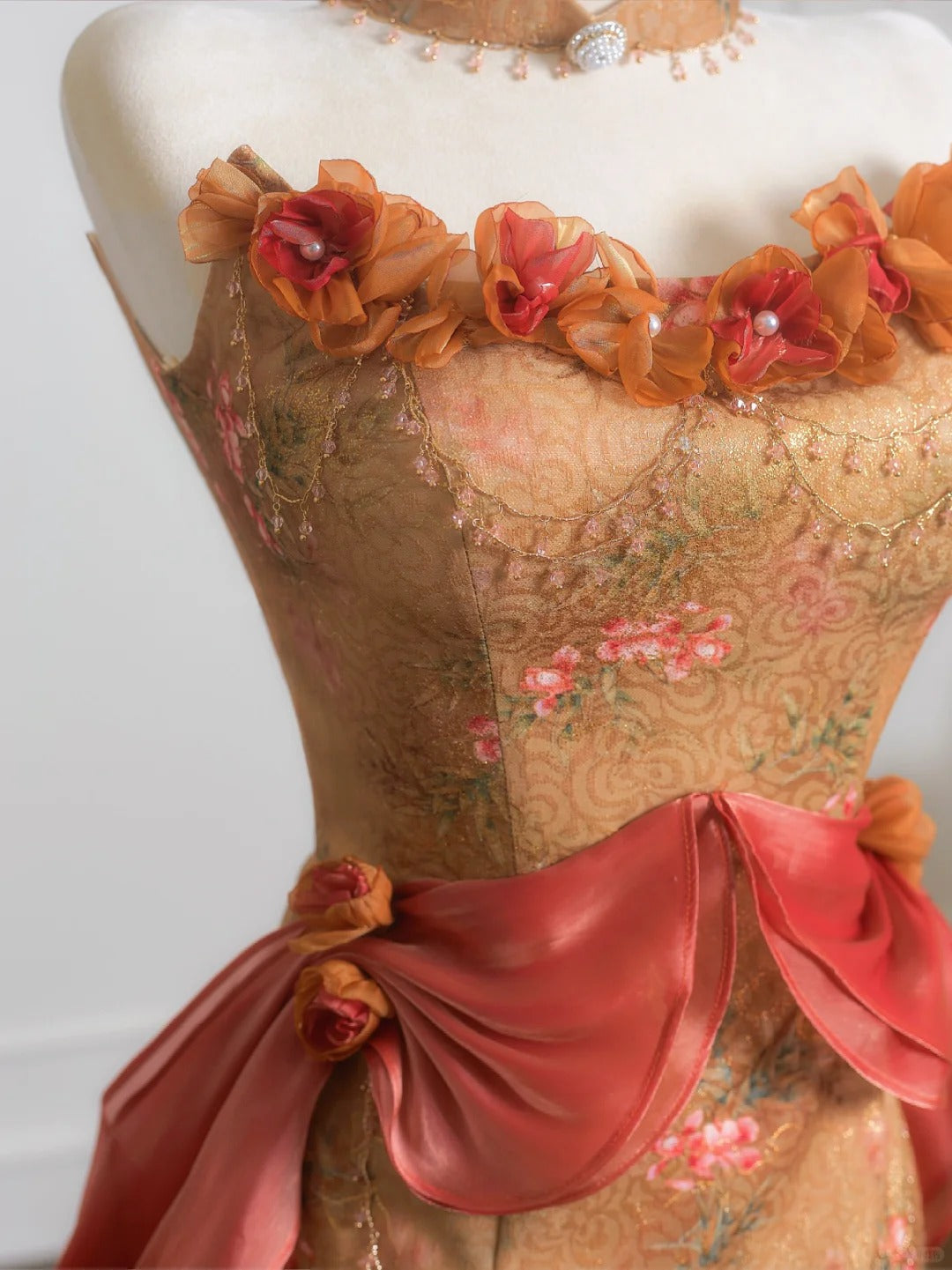 Vintage 3D Floral Accent Strapless Beading Maxi Dress Exquisite Sheath Ruffles Trimmed Prom Dress AP2231