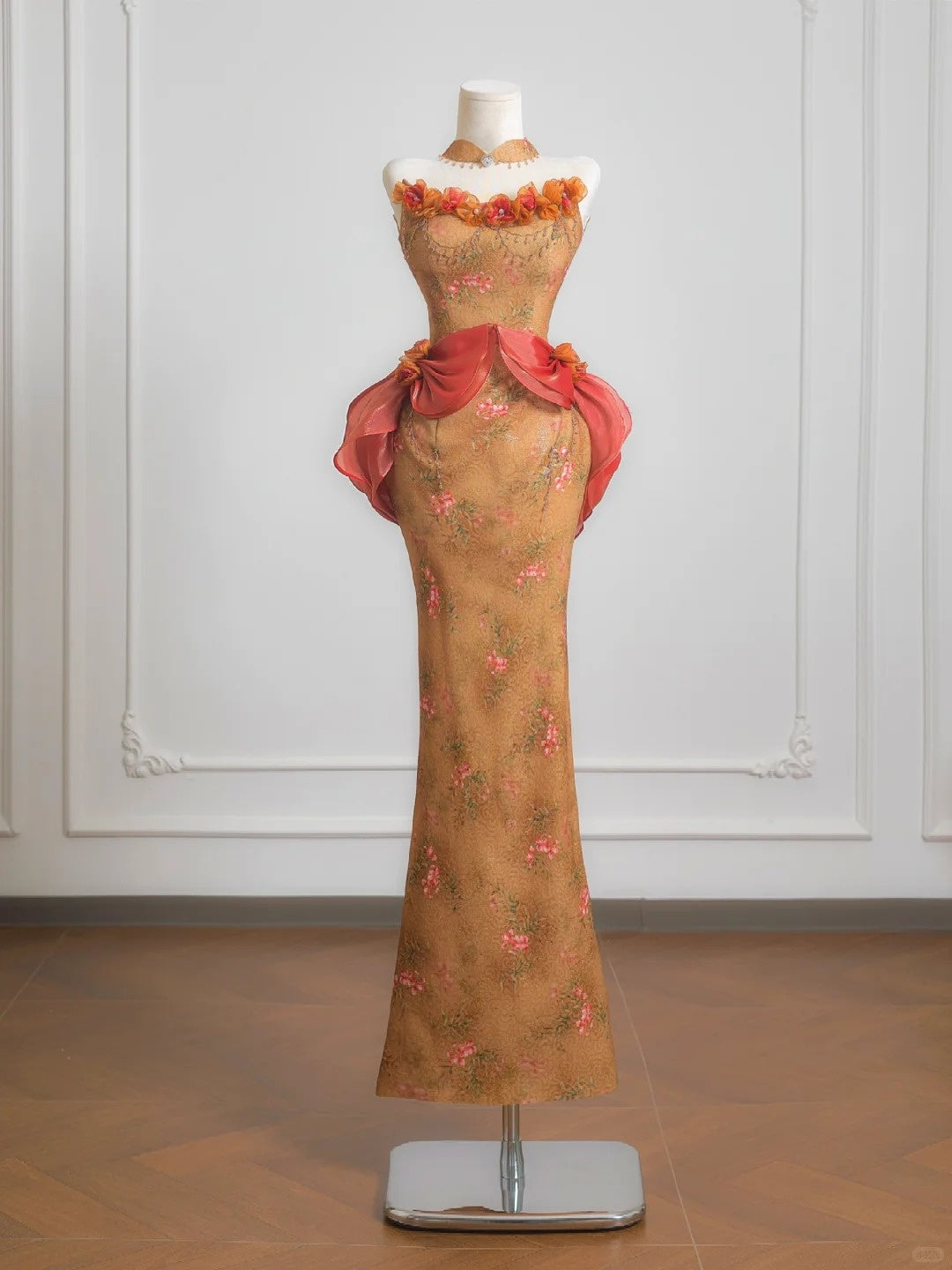 Vintage 3D Floral Accent Strapless Beading Maxi Dress Exquisite Sheath Ruffles Trimmed Prom Dress AP2231