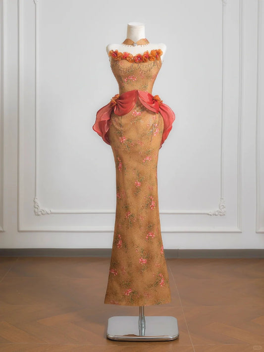 Vintage 3D Floral Accent Strapless Beading Maxi Dress Exquisite Sheath Ruffles Trimmed Prom Dress AP2231