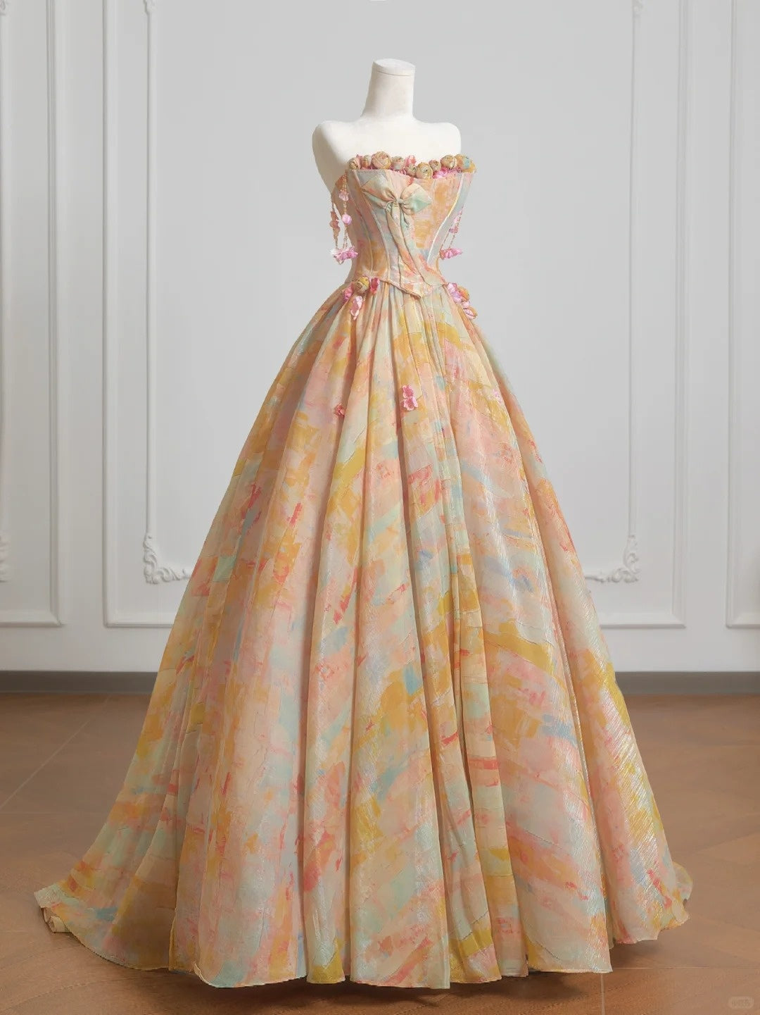 Dreamy Beading Off-Shoulder Watercolor Design Floral Accent A-Line Prom Dress AP2232