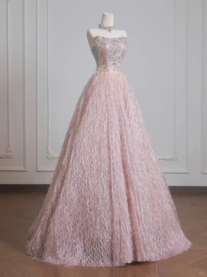 Exquisite Beading Crystals A-Line Glittering Sequins Feather Trim Strapless Prom Dress AP2233