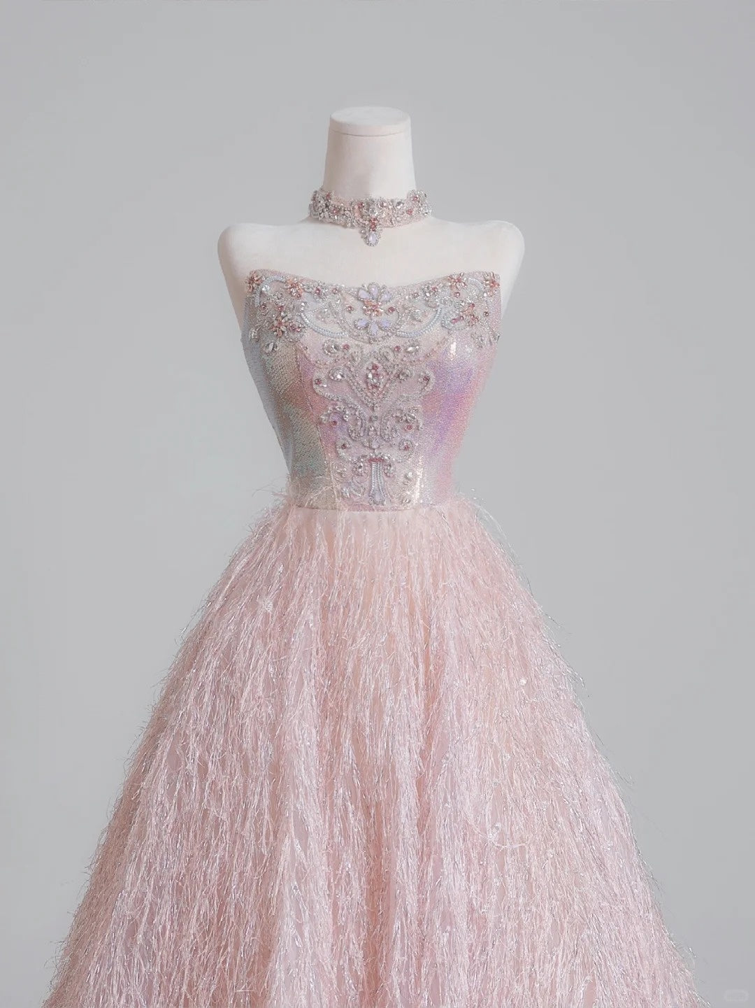 Exquisite Beading Crystals A-Line Glittering Sequins Feather Trim Strapless Prom Dress AP2233