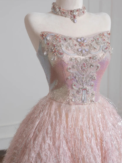 Exquisite Beading Crystals A-Line Glittering Sequins Feather Trim Strapless Prom Dress AP2233