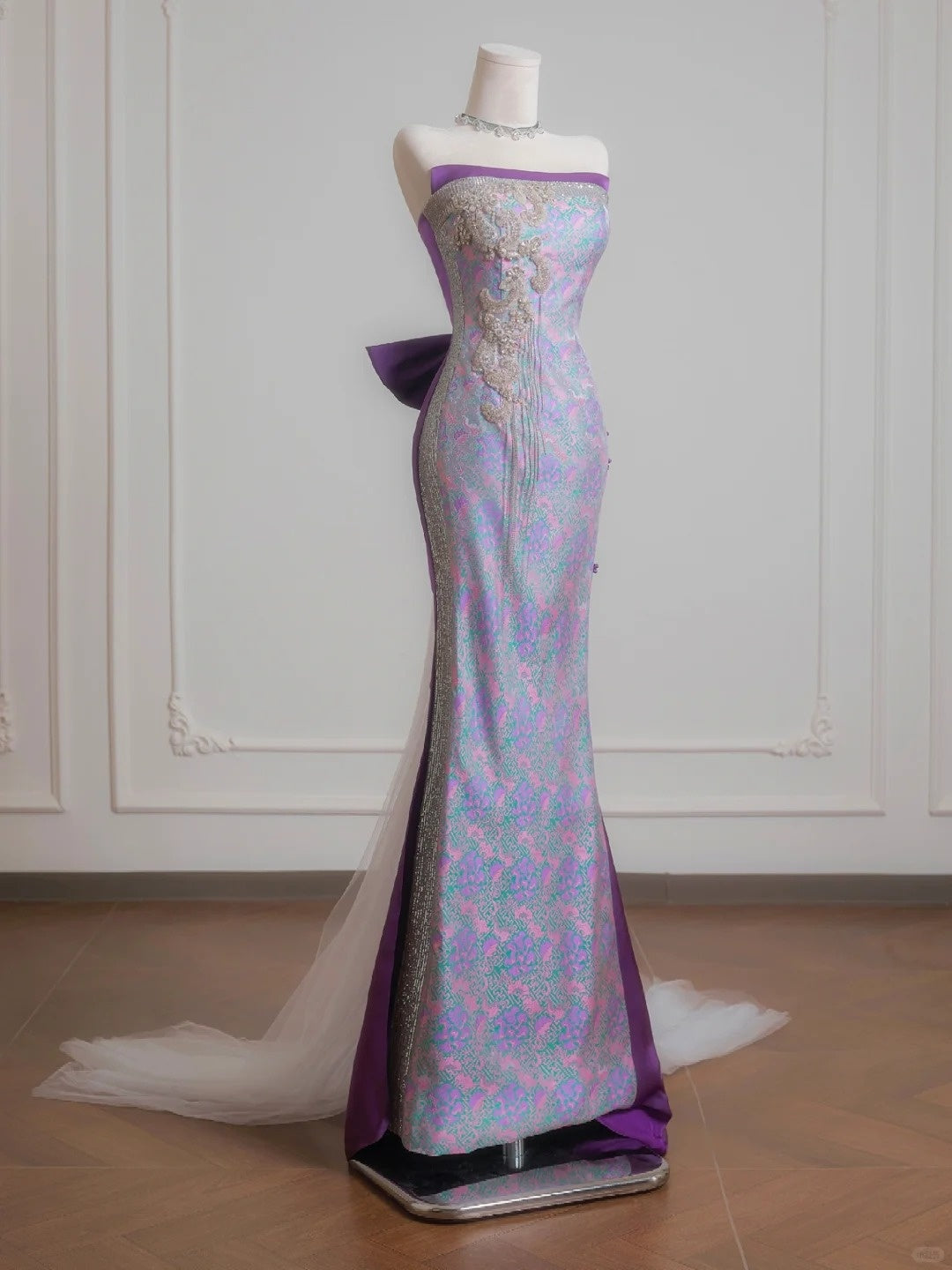 Retro Beading Tassel Floral Print Mermaid Bow Tulle Accent Strapless Prom Dress AP2236