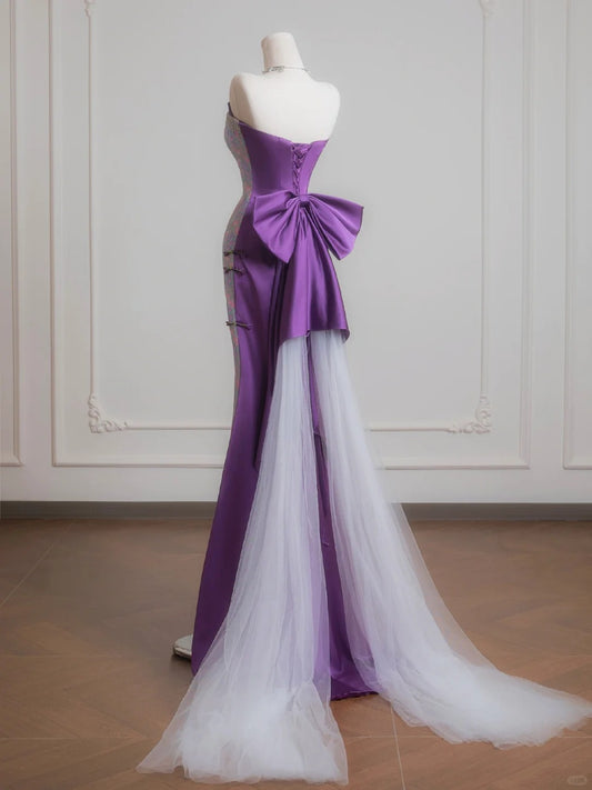 Retro Beading Tassel Floral Print Mermaid Bow Tulle Accent Strapless Prom Dress AP2236