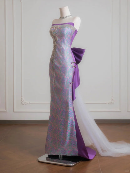 Retro Beading Tassel Floral Print Mermaid Bow Tulle Accent Strapless Prom Dress AP2236