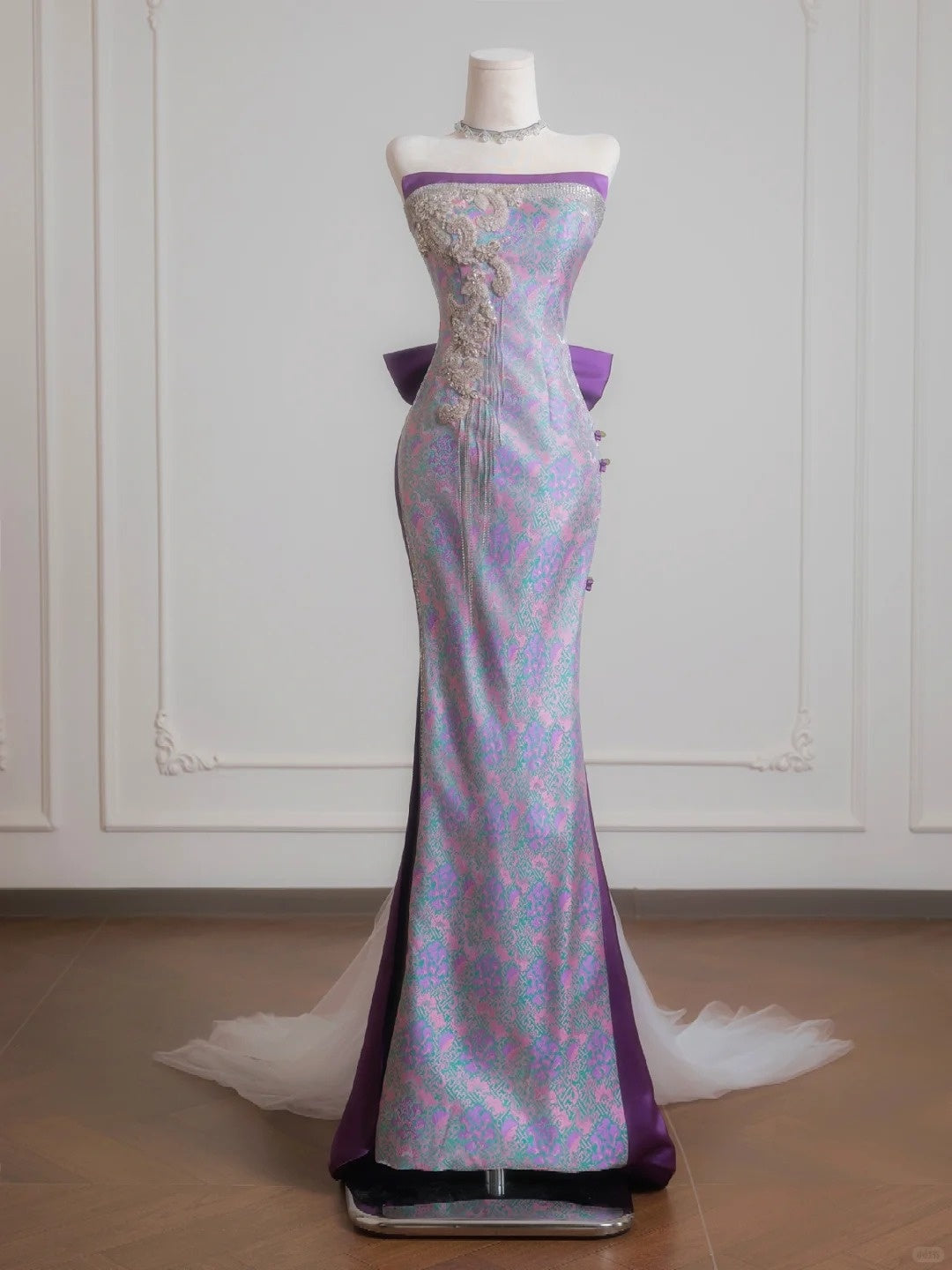 Retro Beading Tassel Floral Print Mermaid Bow Tulle Accent Strapless Prom Dress AP2236