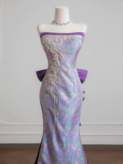 Retro Beading Tassel Floral Print Mermaid Bow Tulle Accent Strapless Prom Dress AP2236