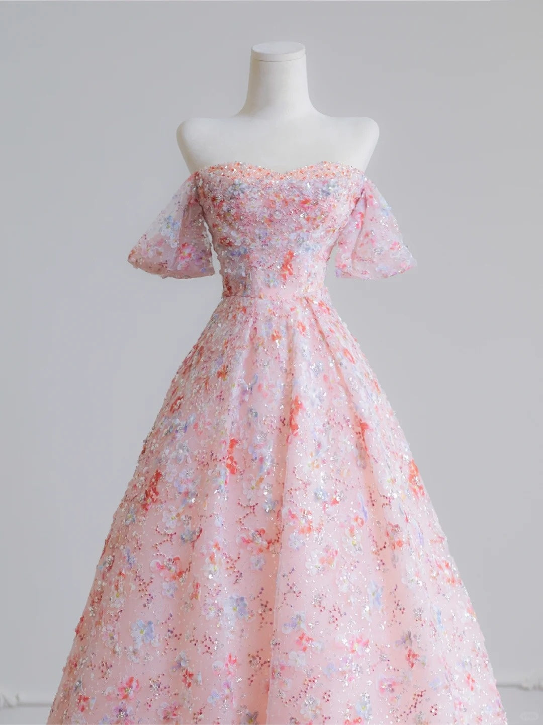 Vibrant Tulle Layered Off-Shoulder Applique Shimmering Sequins A-Line Prom Dress AP2237