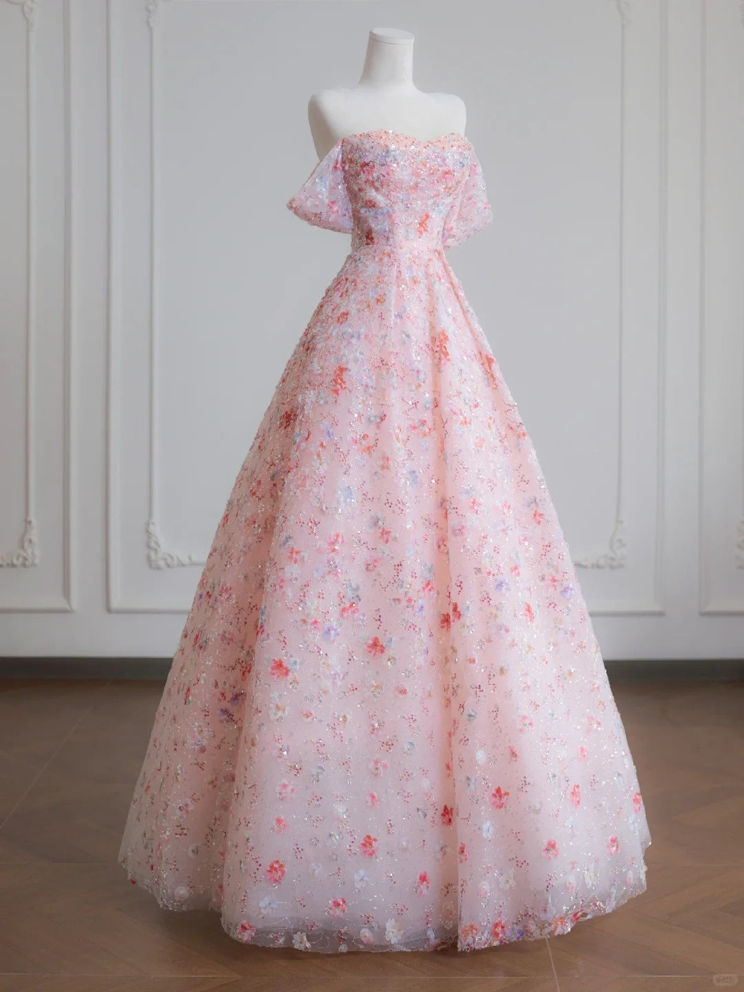 Vibrant Tulle Layered Off-Shoulder Applique Shimmering Sequins A-Line Prom Dress AP2237