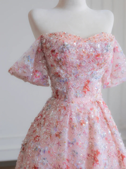 Vibrant Tulle Layered Off-Shoulder Applique Shimmering Sequins A-Line Prom Dress AP2237