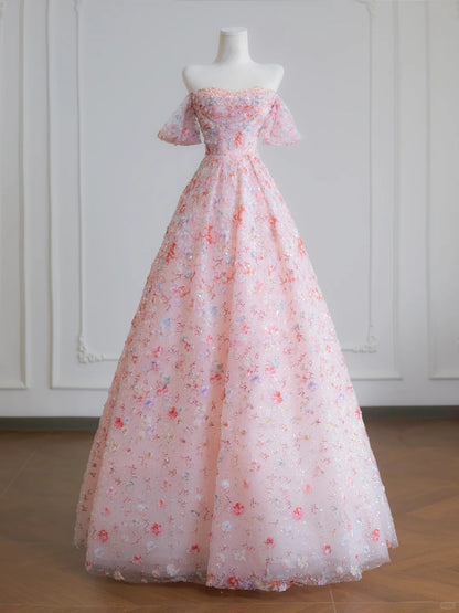 Vibrant Tulle Layered Off-Shoulder Applique Shimmering Sequins A-Line Prom Dress AP2237