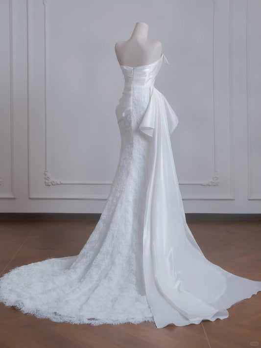 Romantic Ruched Satin Bodice Backless Bridal Mermaid Lace Hem Strapless Wedding Dress AP2238