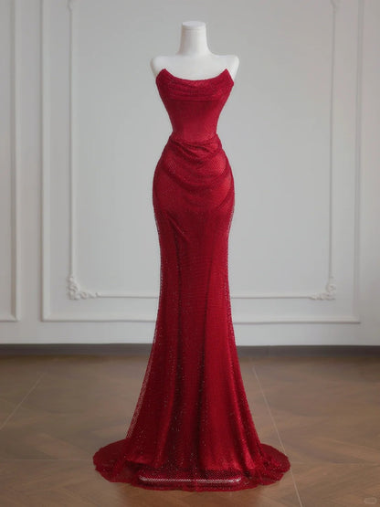 Sexy Strapless Evening Outfit Red Ruched Mermaid Texture Mesh Prom Dress AP2239