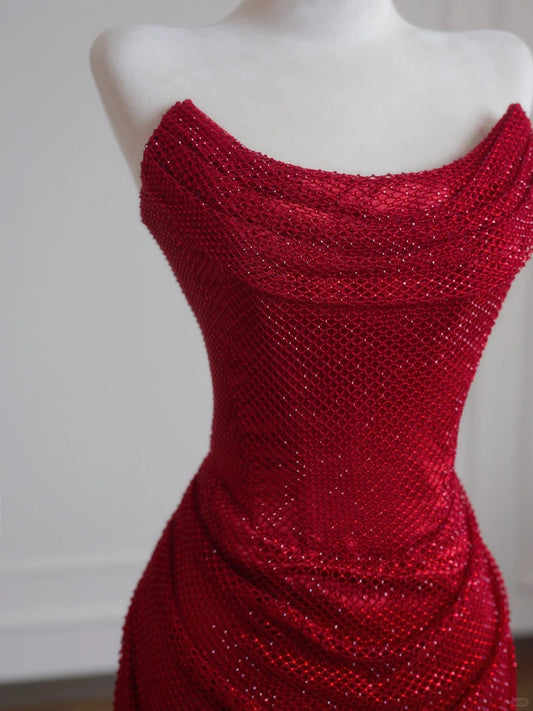 Sexy Strapless Evening Outfit Red Ruched Mermaid Texture Mesh Prom Dress AP2239