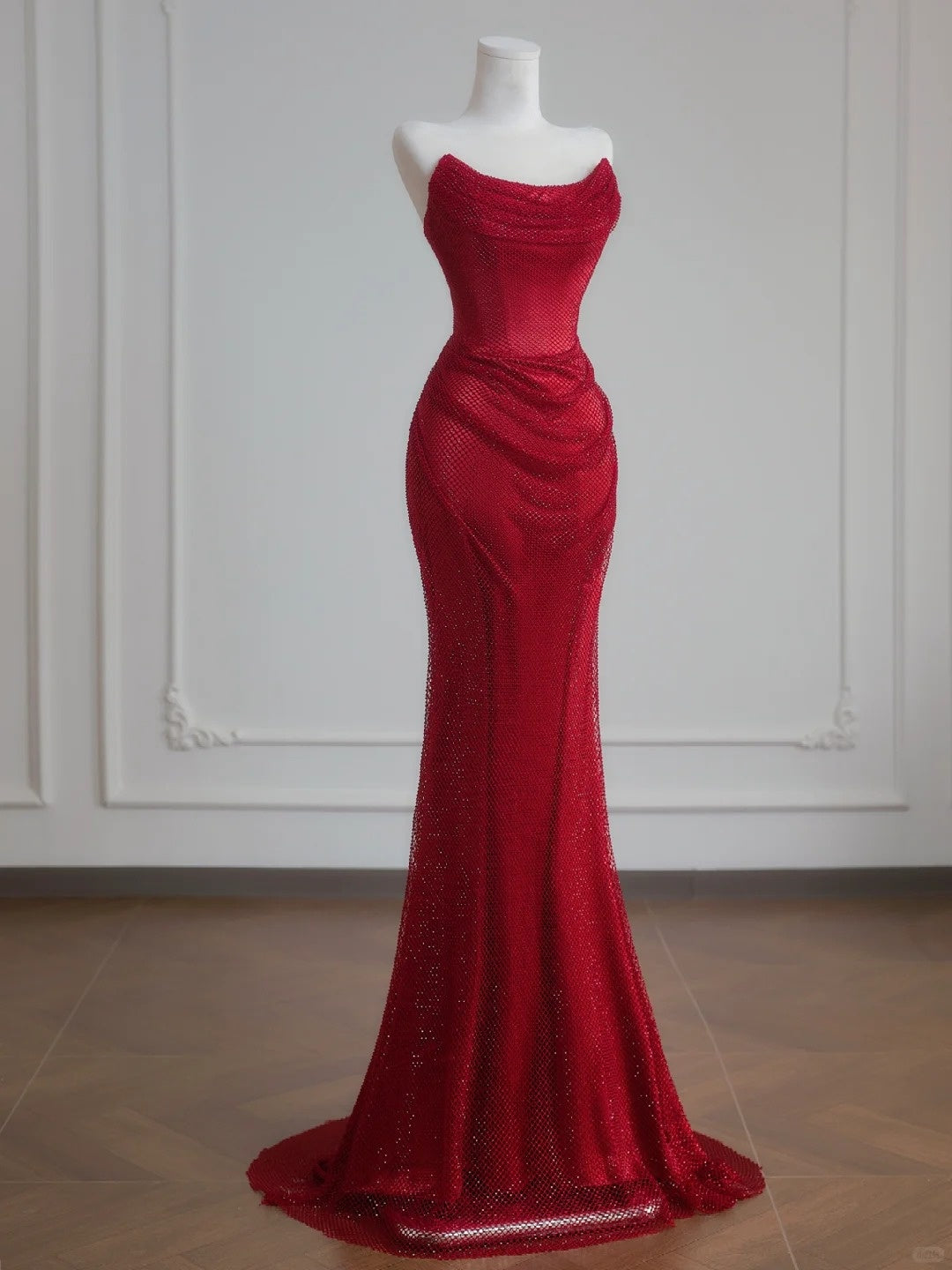 Sexy Strapless Evening Outfit Red Ruched Mermaid Texture Mesh Prom Dress AP2239