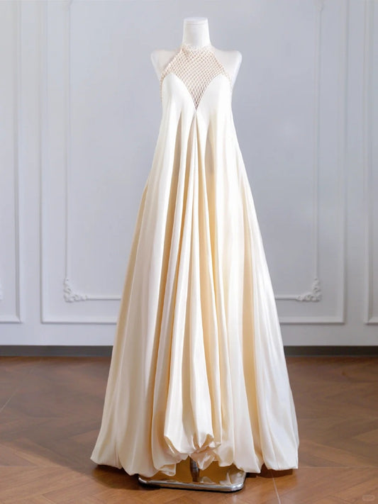 Dreamy Round Neck Mesh Trimmed A-Line Flowing Draped Prom Dress AP2240