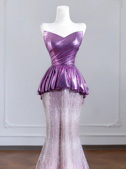 Dazzling Strapless Purple Mermaid Ruffles Peplum Tulle Sequins Hem Prom Dress AP2243