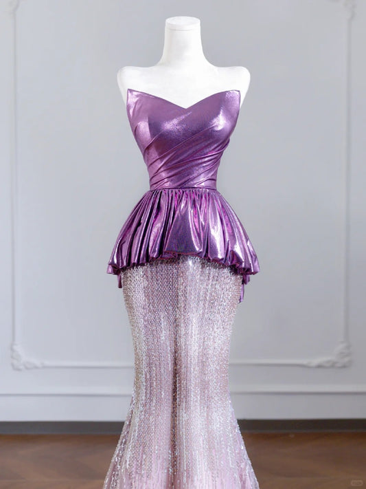 Dazzling Strapless Purple Mermaid Ruffles Peplum Tulle Sequins Hem Prom Dress AP2243