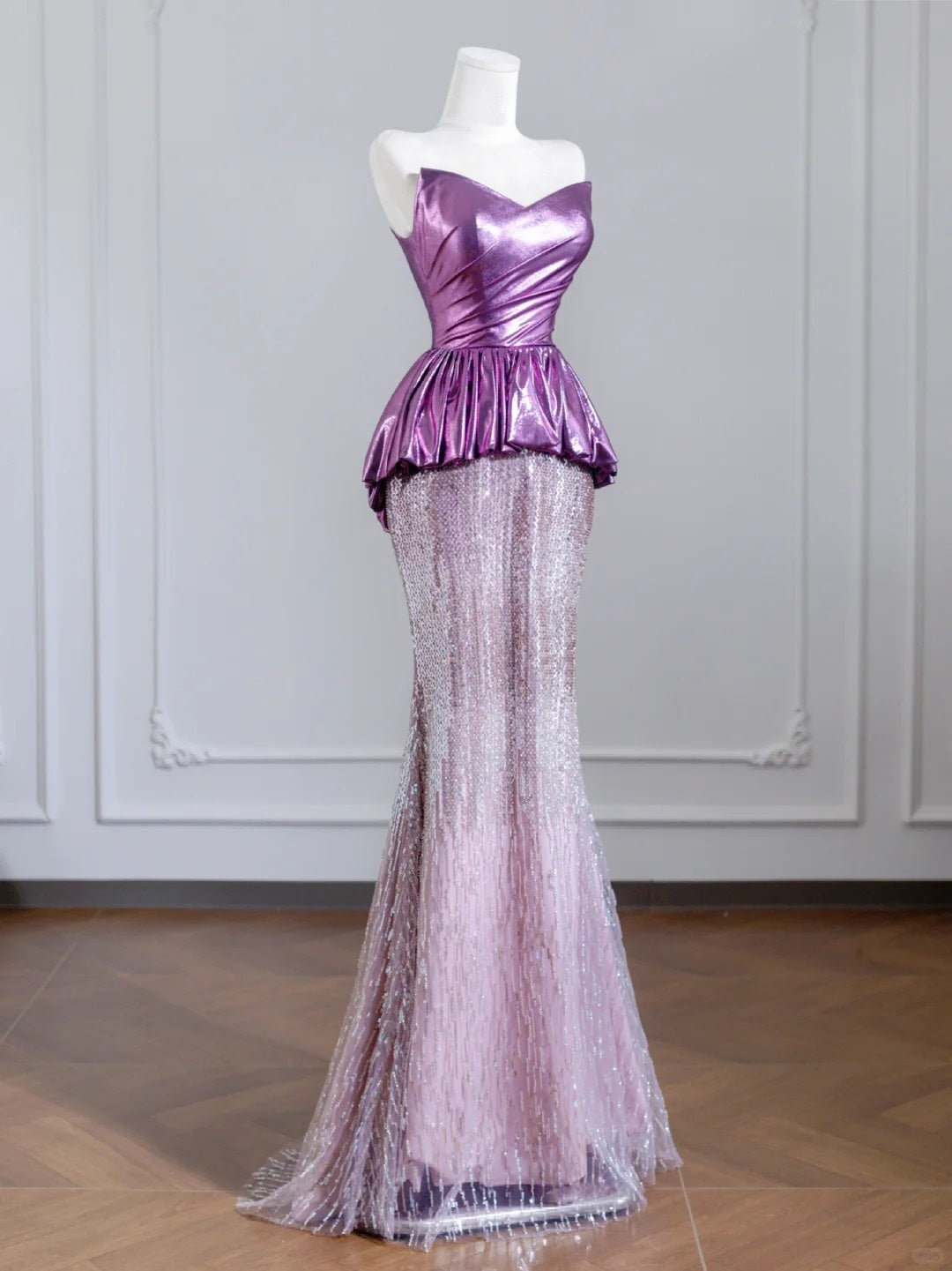 Dazzling Strapless Purple Mermaid Ruffles Peplum Tulle Sequins Hem Prom Dress AP2243