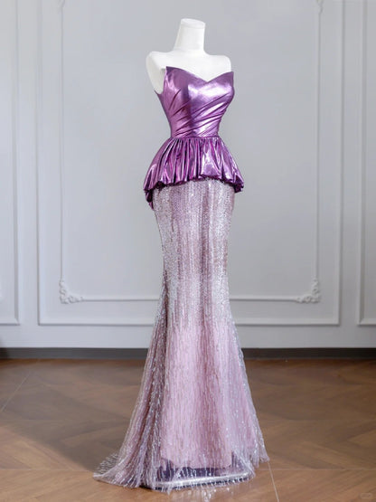 Dazzling Strapless Purple Mermaid Ruffles Peplum Tulle Sequins Hem Prom Dress AP2243