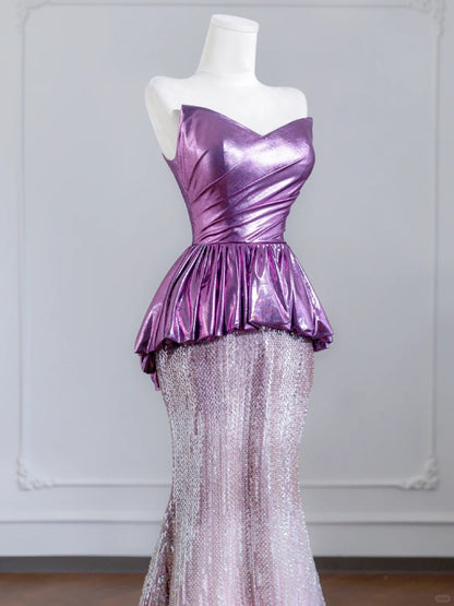 Dazzling Strapless Purple Mermaid Ruffles Peplum Tulle Sequins Hem Prom Dress AP2243