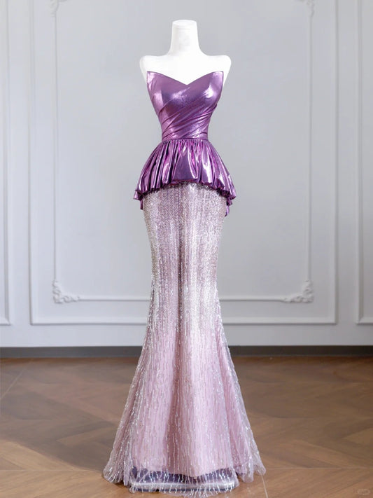 Dazzling Strapless Purple Mermaid Ruffles Peplum Tulle Sequins Hem Prom Dress AP2243