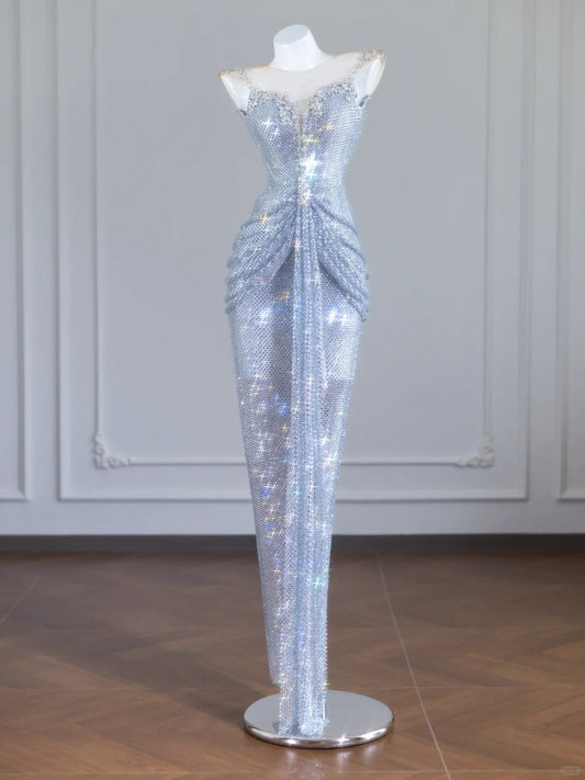 Luxurious Round Neck Beaded Sheer Mesh Splicing Blue Rhinestone Sheath Draped Prom Dress AP2244