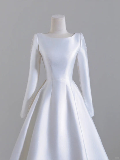 Elegant Satin Long Sleeve A-Line Bridal Dress Lace Back Jewel Neck Wedding Dress AP2245