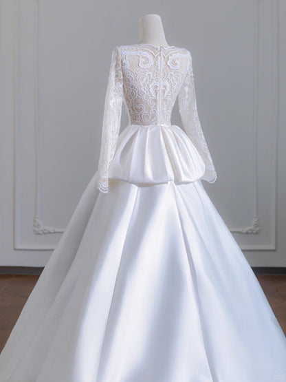 Elegant Satin Long Sleeve A-Line Bridal Dress Lace Back Jewel Neck Wedding Dress AP2245