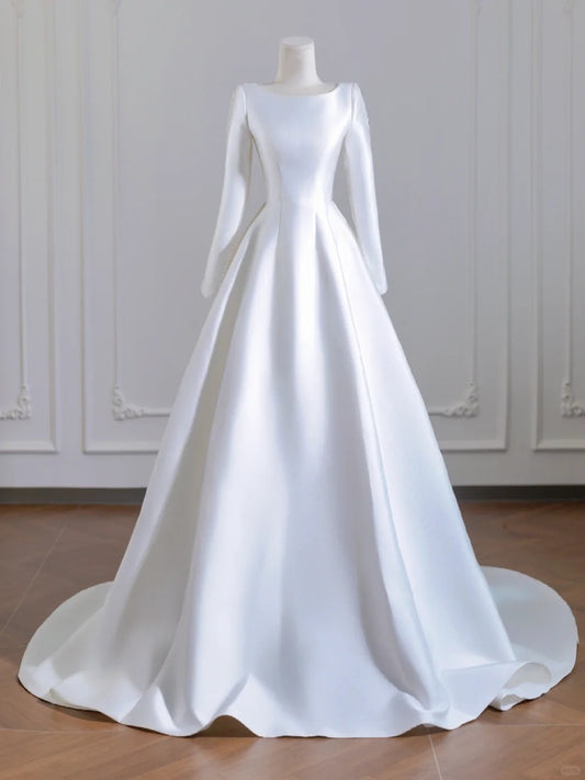 Elegant Satin Long Sleeve A-Line Bridal Dress Lace Back Jewel Neck Wedding Dress AP2245