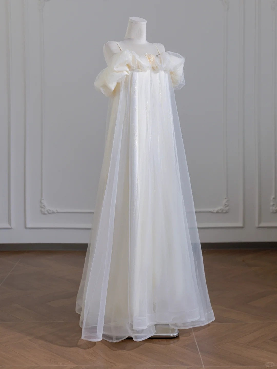 Ethereal Tulle Layered A-Line Floral Accent Spaghetti Strap Ruffles Trimmed Wedding Dress AP2246