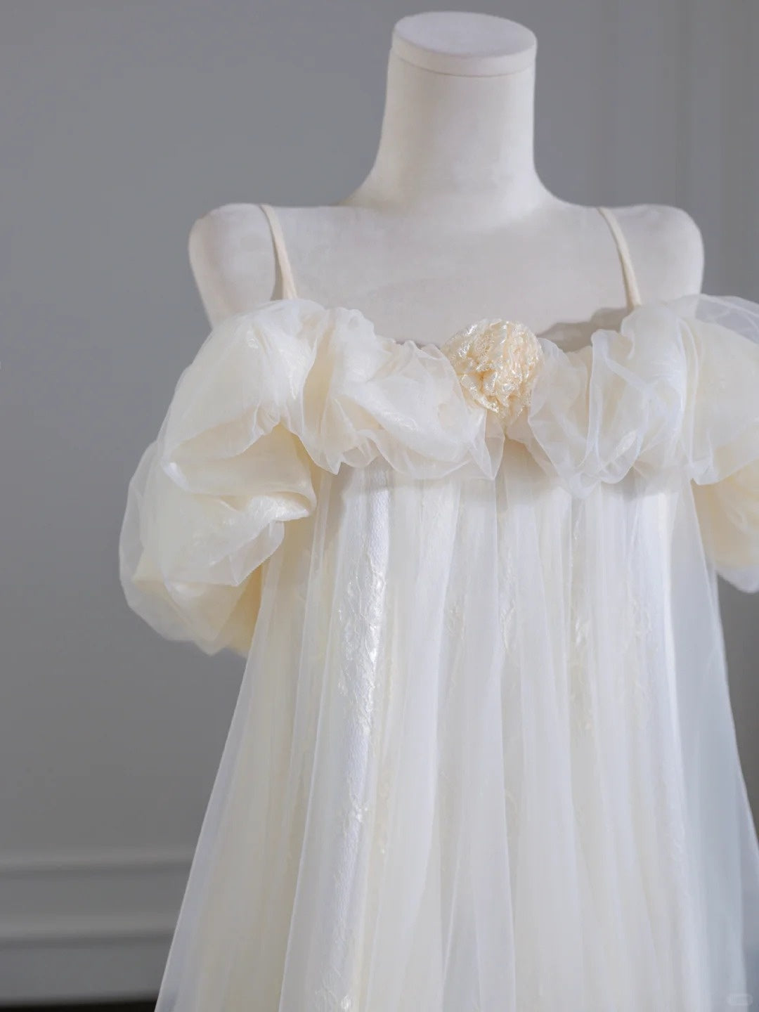 Ethereal Tulle Layered A-Line Floral Accent Spaghetti Strap Ruffles Trimmed Wedding Dress AP2246